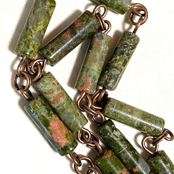 Rustic Natural Green Waterdrop Unakite Necklace, Genuine Gemstone + Copper Chain - Picture 7 of 12